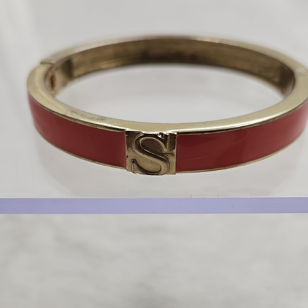Salmon Enamel Initial "S" Hinged Bangle Bracelet Gold